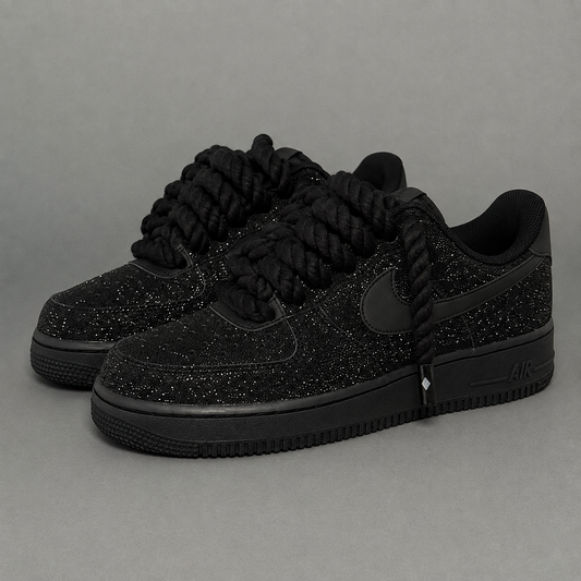 Nike Air Force 1 “Rope Laces” – Black Rhinestones & Red Sole
