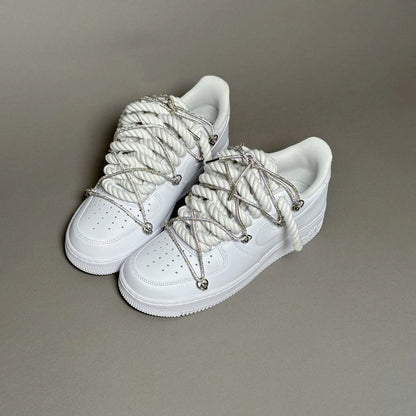 Nike Air Force 1 "Rope laces" – White with silver rhinestones